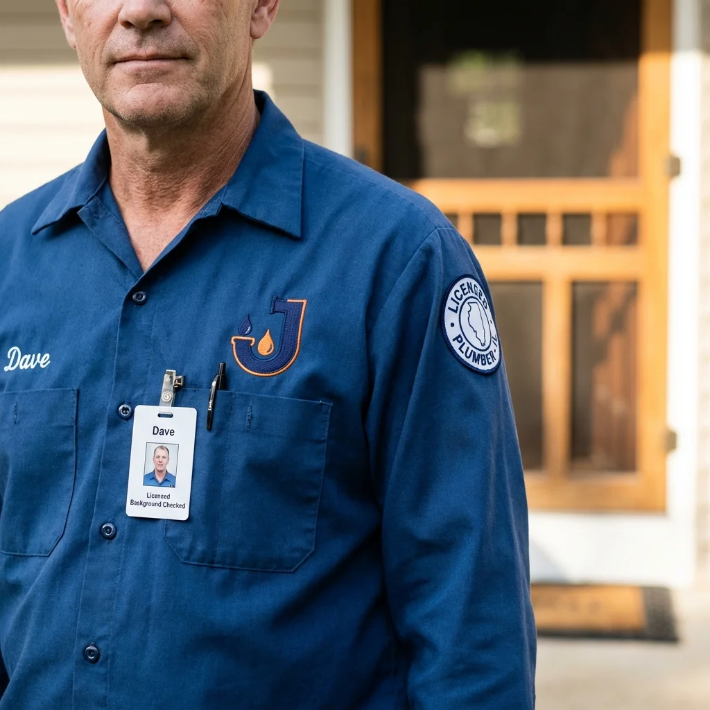 Licensed plumber showing ID badge in Falmouth, MA