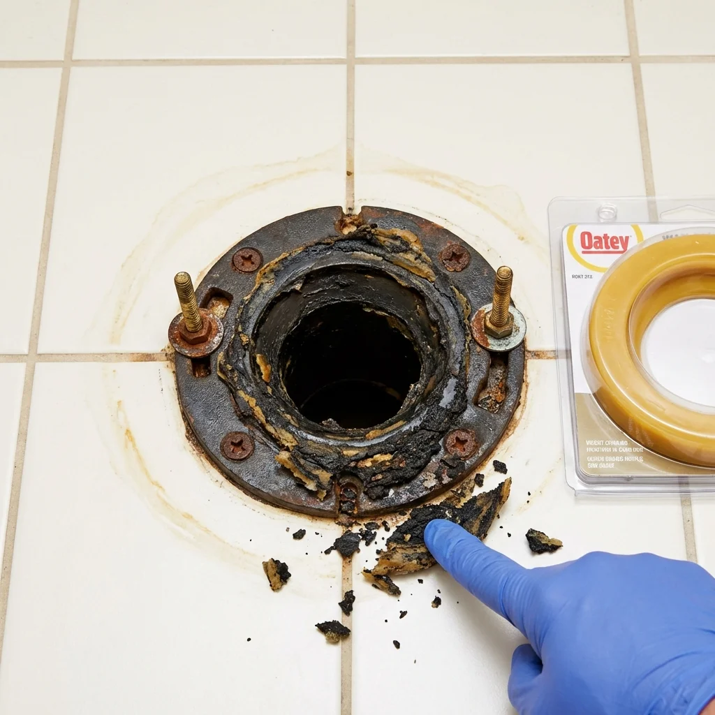 Failed wax ring showing water seepage at the base of a toilet in a Falmouth, MA home