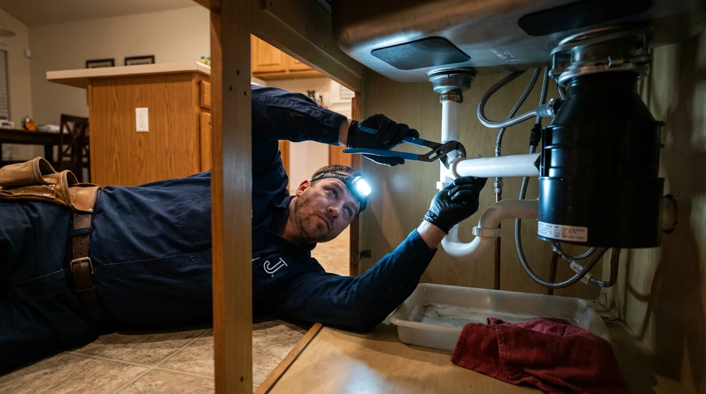 P-trap and supply line connections under a kitchen sink showing a common leak point in Falmouth, MA
